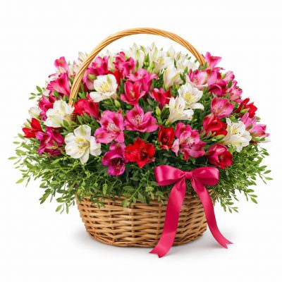 Плетёная корзина с альстромериями «Весенний вихрь»