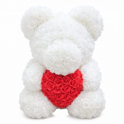 Мишка из роз белый с красным сердцем (40 см)