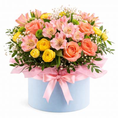Цветы в круглой коробке «Солнечное настроение»