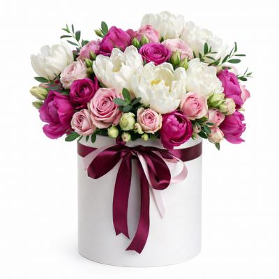 Цветы в шляпной коробке «Лавандовый восторг»